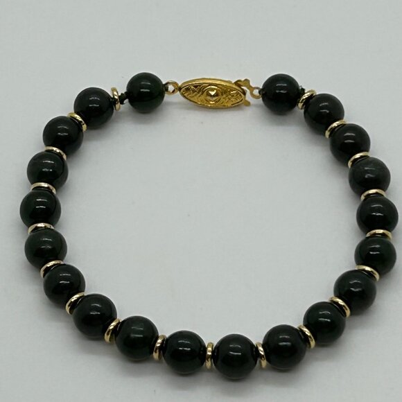 Estate Jewelry - Vintage Forest Green Glass Beaded Bracelet Classic Gold-Tone Clasp Accents